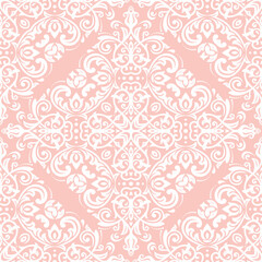 Classic seamless vector pattern. Damask orient ornament. Classic vintage pink and white background. Orient ornament for fabric, wallpaper and packaging