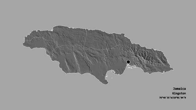 Manchester, parish of Jamaica, with its capital, localized, outlined and zoomed with informative overlays on a bilevel map in the Stereographic projection. Animation 3D