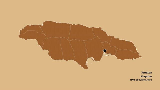 Manchester, parish of Jamaica, with its capital, localized, outlined and zoomed with informative overlays on a solid patterned map in the Stereographic projection. Animation 3D