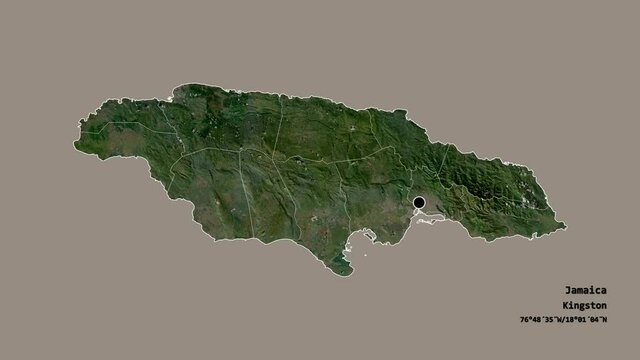 Manchester, parish of Jamaica, with its capital, localized, outlined and zoomed with informative overlays on a satellite map in the Stereographic projection. Animation 3D