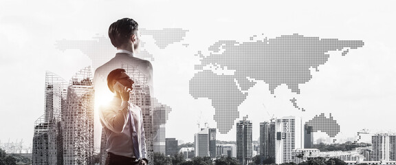 Concept of business success and control with confident boss against cityscape background