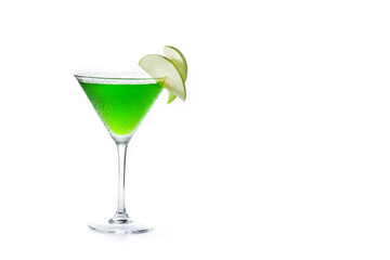 Green appletini cocktail in glass isolated on white background. Copy space