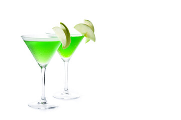Green appletini cocktail in glass isolated on white background	