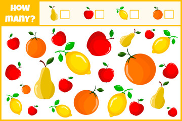 Educational mathematical game. Count the number of fruits. Count how man fruits. Counting game for children.