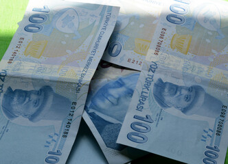 close-up hundred Turkish lira banknotes