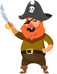 Pirate holding saber. Male character in cartoon style.
