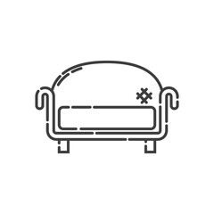 Comfortable sofa with one pillow. Image of couch in line art style. Element furniture of the interior. Modern stylish object for relaxation. Flat illustration with settee on white background