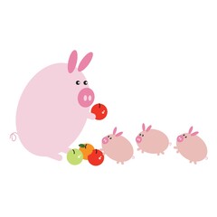 Obraz premium pig distributing fruits to piglets cartoon