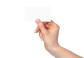 Beautiful female hand holding white business card on white background