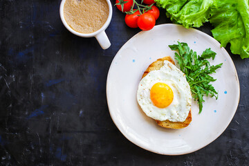 fried egg and toast bread delicious breakfast snack yolk and protein food background top view copy space for text organic eating healthy raw Takeaway