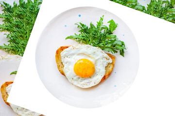 fried egg and toast bread delicious breakfast snack yolk and protein food background top view copy space for text organic eating healthy raw Takeaway