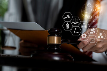 Business lawyer working at the table office, Legal law, advice and justice concept.