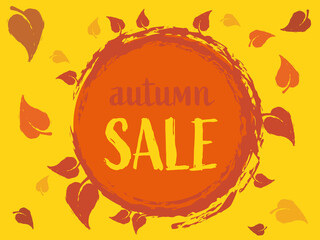 Color autumn sale banner with leaves. Stamp on circle red background.