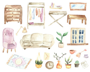 Hand painted watercolor set of casual home furniture.