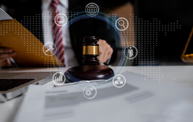 Concepts of Law and Legal services.	Lawyer working at table office.