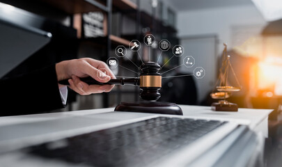 Concepts of Law and Legal services.	Lawyer working with law interface icons.