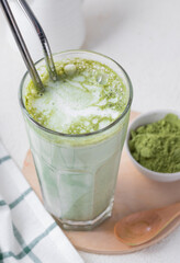 Selective focus, hot matcha tea, latte