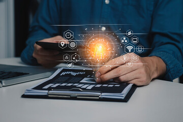 Double exposure of businessman working on digital laptop  with digital marketing virtual chart, Abstract icon, Business strategy concept.