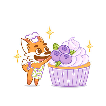 Red fox pastry chef decorates blueberry cupcake. Great illustration for menu, brochures, poster, sticker, card etc. Vector image.