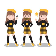 Set of cute girl posing confidently and wearing matching mask. Corona virus new normal fashion style for autumn season. Flat vector isolated on white background