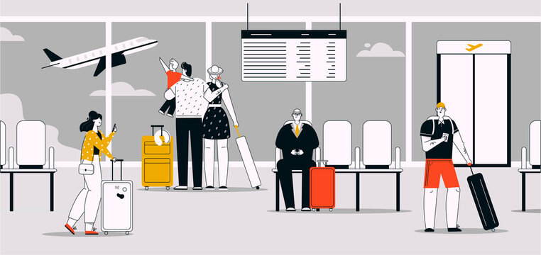 Vector linear illustration of passengers with luggage at airport
