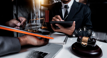 justice and law concept. Lawyer working on interface icons.