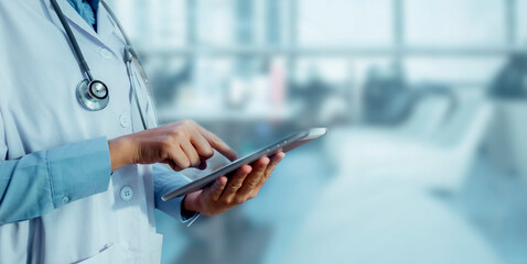 Medical technology and futuristic concept. Doctor and modern virtual screen interface icons.	