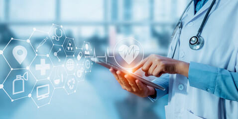 Medical technology and futuristic concept. Doctor and modern virtual screen interface icons.	
