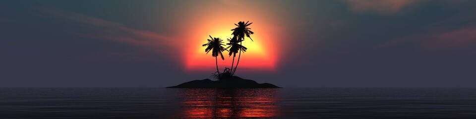 Fototapeta na wymiar Sunset on an island with palm trees in the ocean, panorama of a tropical sea sunset, 3D rendering