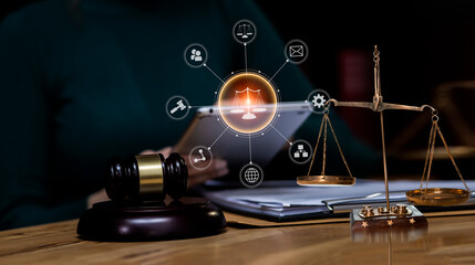 Concepts of Law and Legal services. lawyer business  working on digital tablet and law interface icons.