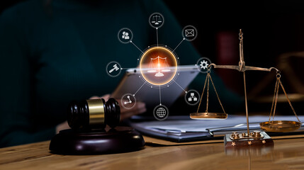 Concepts of Law and Legal services. lawyer business  working on digital tablet and law interface...