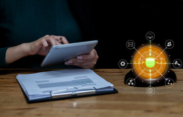 Concepts of Law and Legal services. lawyer business  working on digital tablet and law interface...