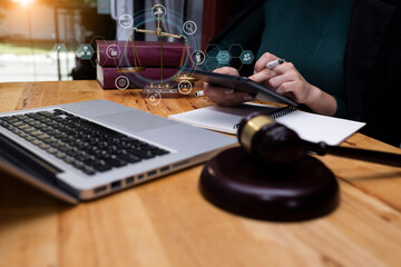 Concepts of Law and Legal services.	Lawyer working with digital tablet computer at office.