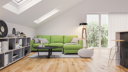 Sofa in attic apartment with oad wooden floor and sideboard - 3d rendering - obrazy, fototapety, plakaty
