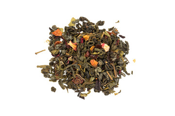  Leaves of Chinese Dry Tea Top Grade with Goji Berries and Powdered Acai on White Background