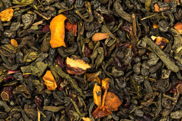  Leaves of Chinese Dry Tea Top Grade with Goji Berries and Powdered Acai on White Background