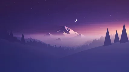 Foto auf Leinwand dreamy misty purple landscape with mountains, forest and moon eclipse © Denislav