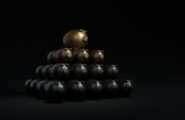 Piggy bank arranged in pyramid isolated on black background. Piggy bank pigs minimal black background concept. Black and gold piggy bank pyramid color minimalist mock up idea.