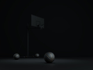 Basketball minimal black background. Basketball balls isolated on Simple black background. Sport game black minimalist mock up concept. Toned black and gold solid dark color isolated basketball image.