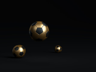 Naklejka premium Football balls isolated on black background. Football game minimal black background concept. Soccer balls black and gold color minimalist mock up idea. Black colored dark color isolated image.
