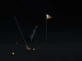 Deurstickers Golf game minimal black background. Golf clubs balls and bag isolated on simple black background. Golf game black minimalist mock up concept. Black coloured solid dark color isolated golf game image. © Marcin
