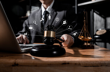 Concepts of Law and Legal services.	Lawyer working at table office.