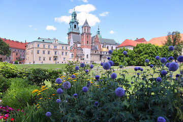 View of the Wawel Cathedral on the background of a blue sky and bright summer colors on a sunny day, Krakow