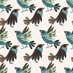 Seamless vector design with cute birds and clouds in lines in brown and blue