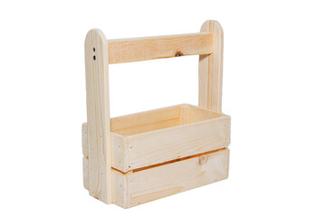 An empty wooden box. Made of pine and plywood, on a light white background.