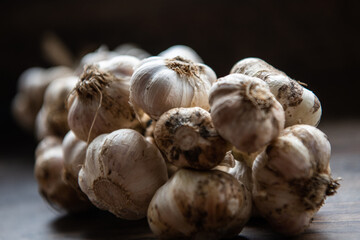 wreath of garlic on a dark wooden background