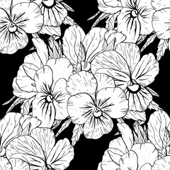 Monochrome floral seamless pattern with hand drawn pansy flowers on black background. Stock vector illustration.