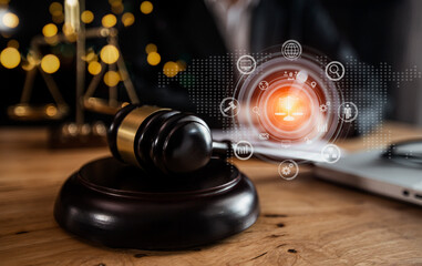 Fototapeta na wymiar justice and law concept. Lawyer working on table office. Law interface icons. 