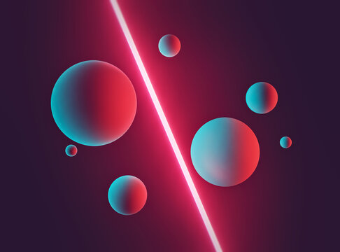 abstract spheres background with glowing neon light. minimal design. 3d rendering