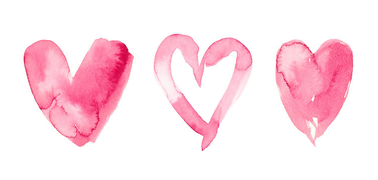 Watercolor pastel pink heart with space for text. Light abstract hearts on white background, brush textures for logo.